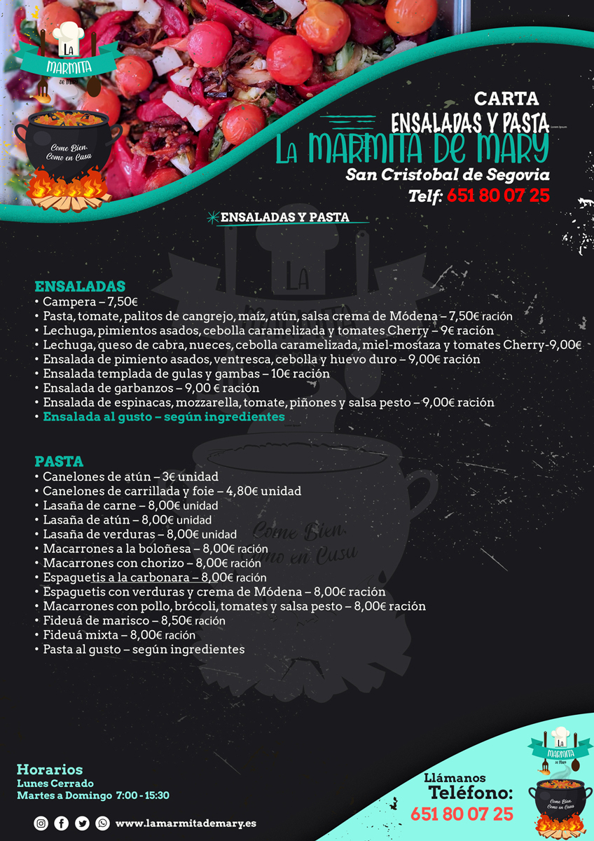 Carta de ensaladas y pasta