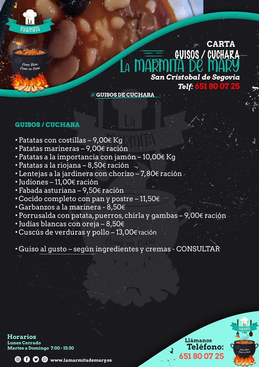 Carta de guisos y platos de cuchara